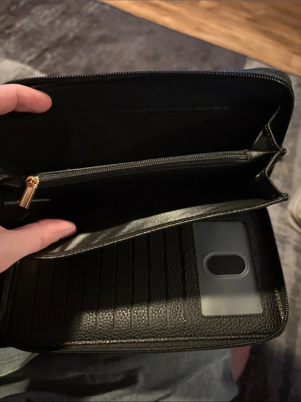 Black Zip-Around Wristlet Wallet with Gold Hardware